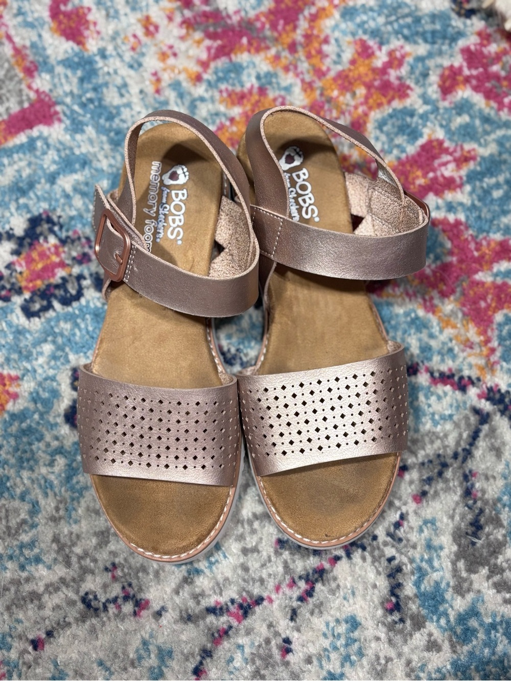 Skechers Girls Metallic Rose Gold Perforated Ankle-Strap Sandals